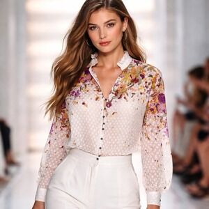 Anthropologie Pilcro XS White Floral Ruffle Blouse Long Sleeve Shirt Cotton Chic